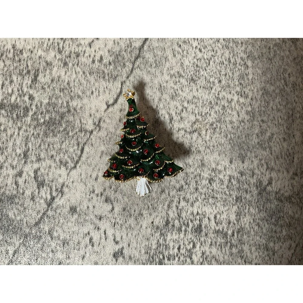 Vintage Christmas Tree Pin Brooch Green Red Gold Enamel Jewelry